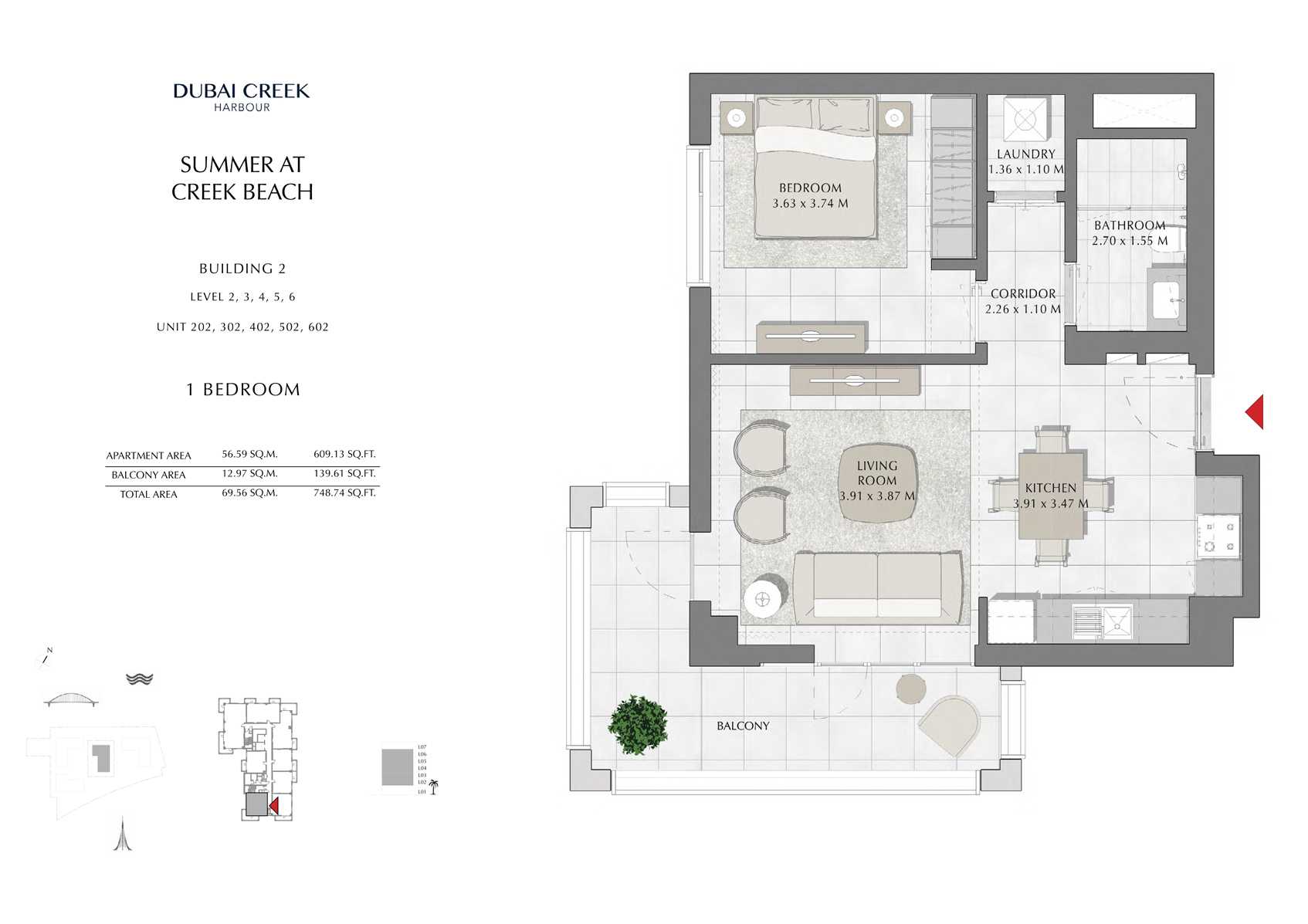 1 Br building 2 Level-2-3-4-5-6 Unit-202-302-402-502-602, Size 748 Sq Ft